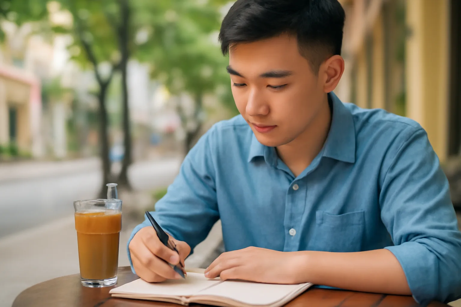 Nhà đầu tư trẻ ngồi bên bàn cà phê, điện thoại úp xuống và sổ tay ghi chép
