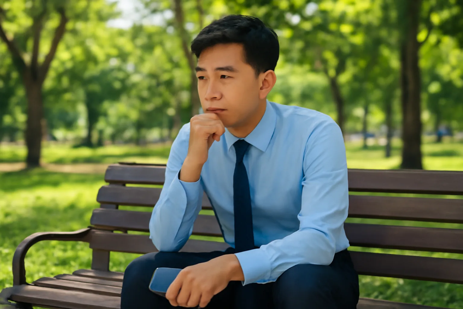 Người đàn ông trẻ ngồi ở ghế đá công viên, đặt điện thoại úp xuống và suy nghĩ