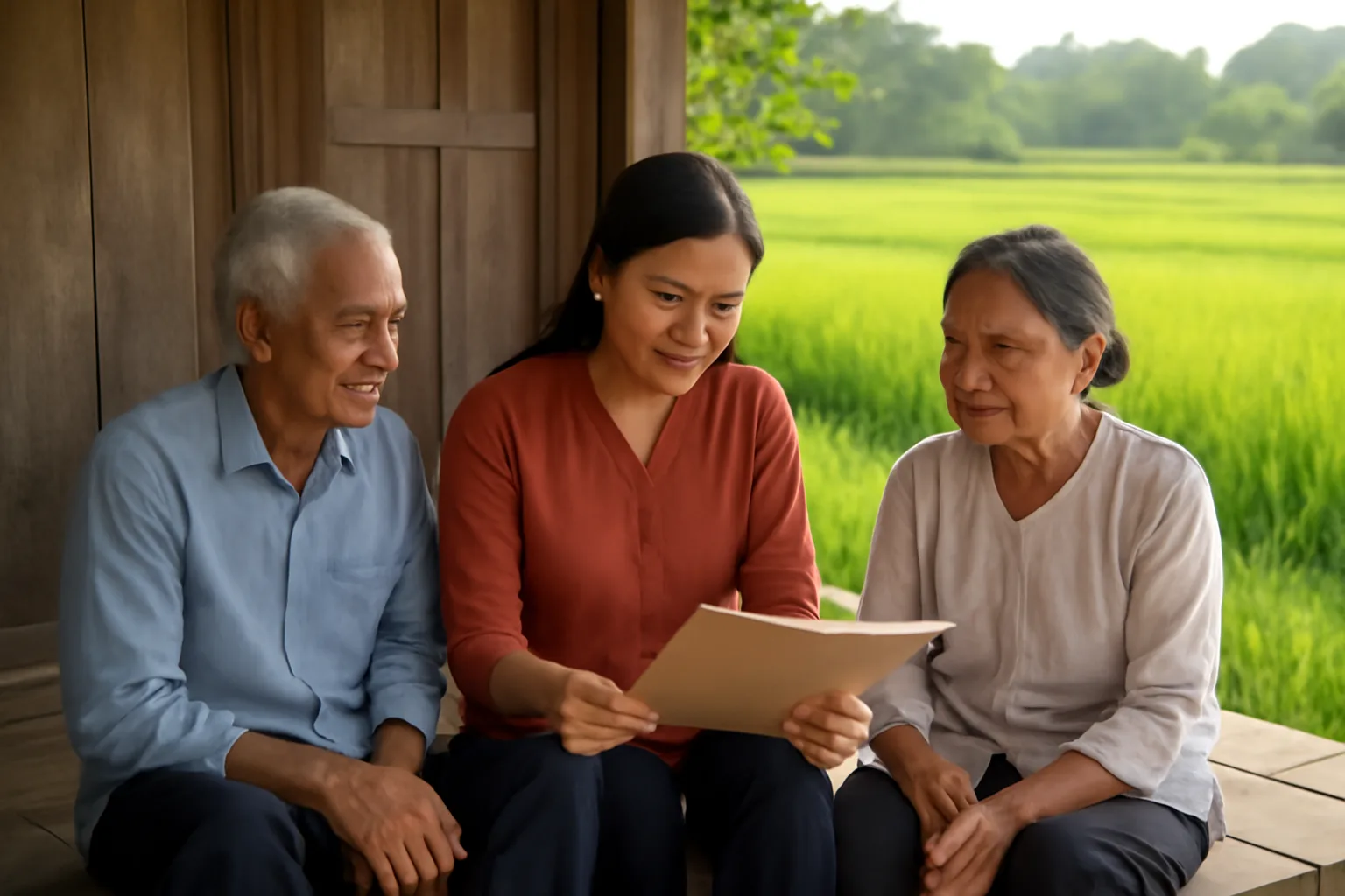 Người con đi làm xa ngồi bên hiên nhà ở quê cùng cha mẹ già xem lại giấy tờ gia đình