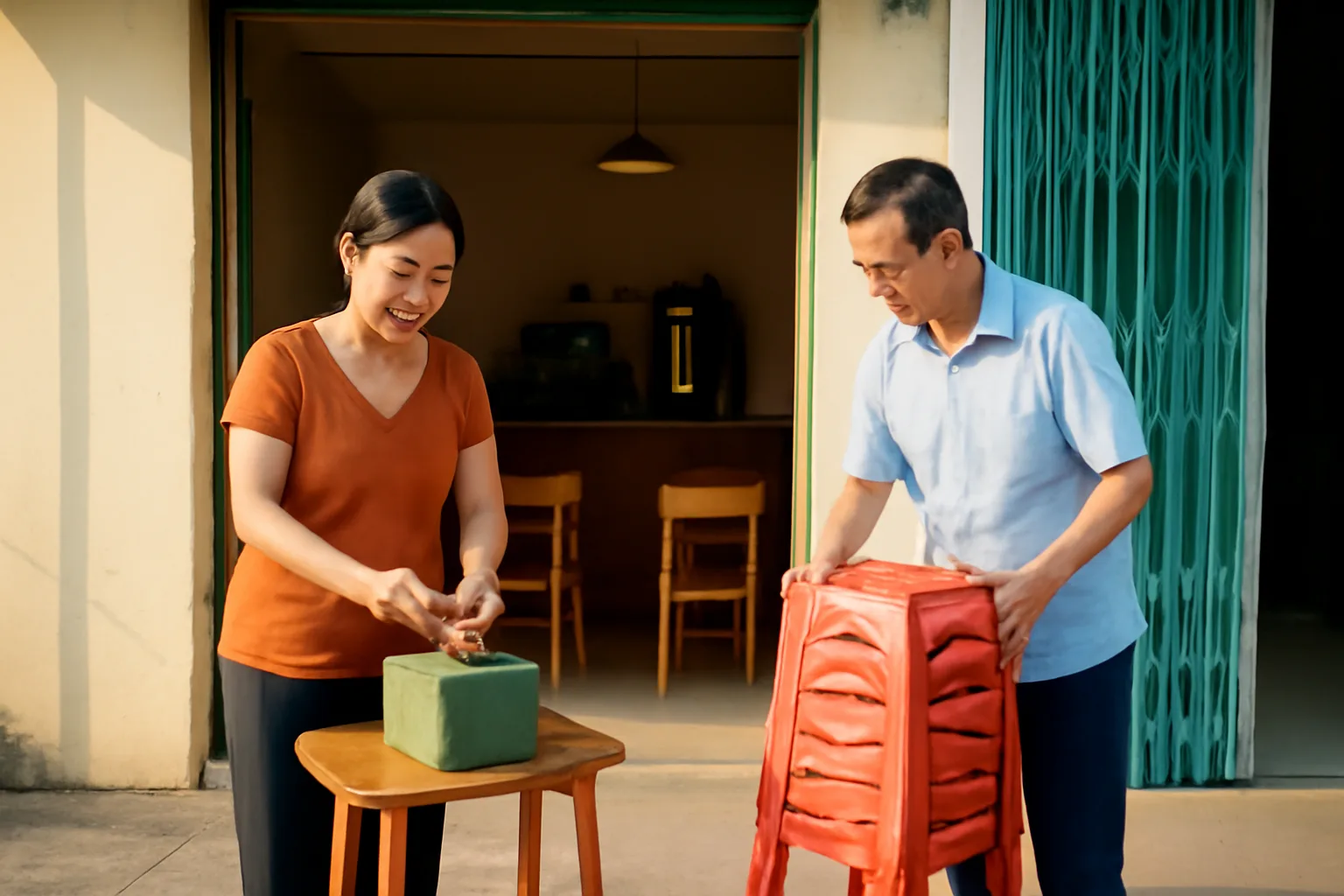 Chủ quán cà phê nhỏ đếm tiền và ghi sổ tại quầy sau giờ đóng cửa