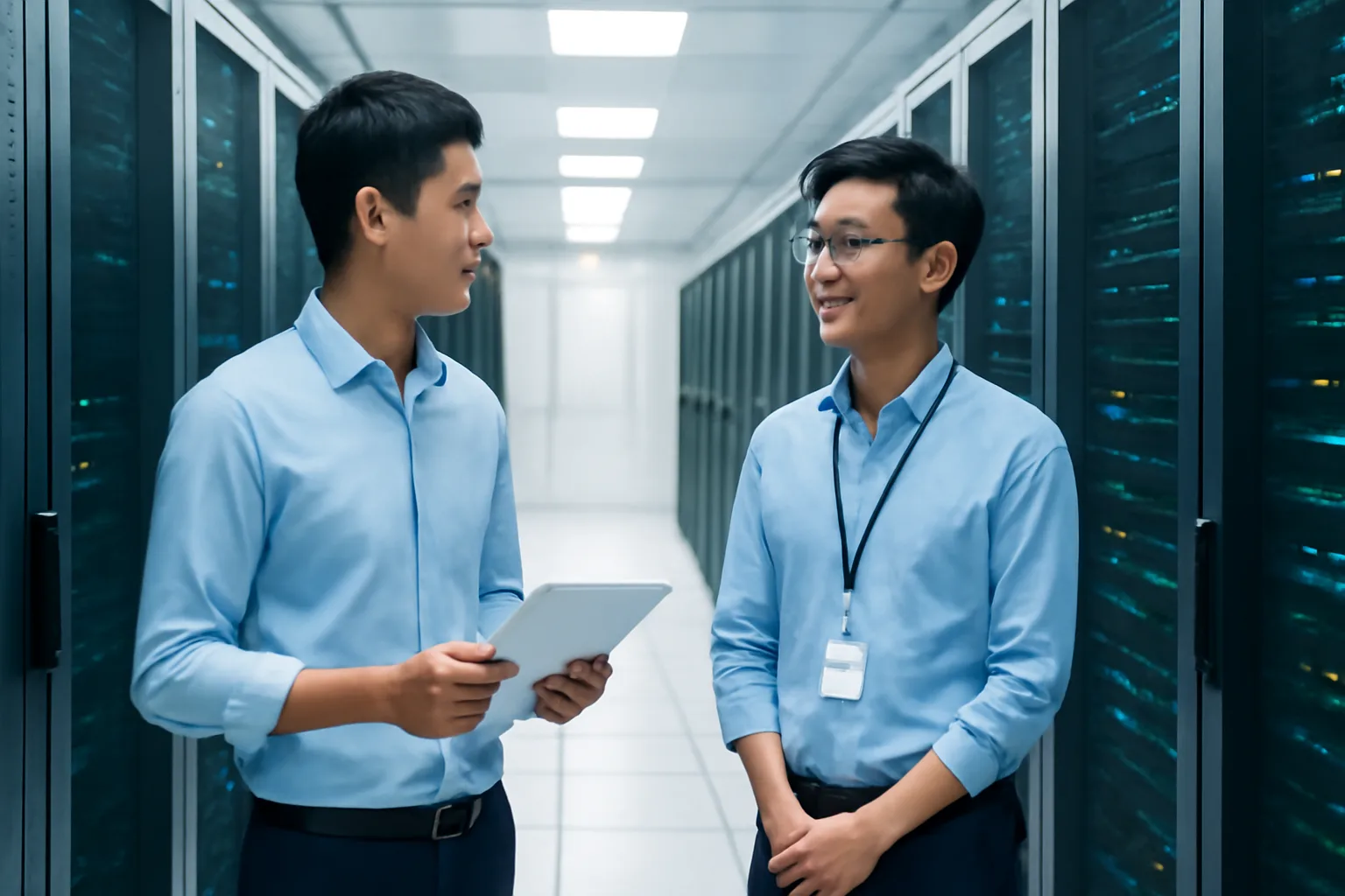 Hai chuyên viên trẻ đứng trước dãy tủ máy chủ trong phòng kỹ thuật sáng đèn, một người cầm máy tính bảng