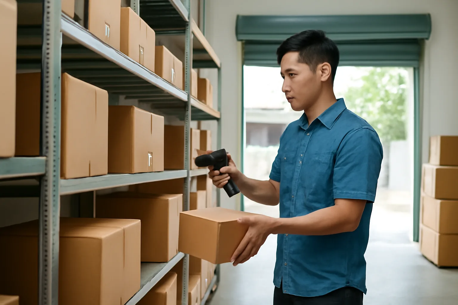 Chàng trai trẻ quét mã các kiện hàng xếp trên kệ sắt trong kho nhỏ có cửa cuốn mở