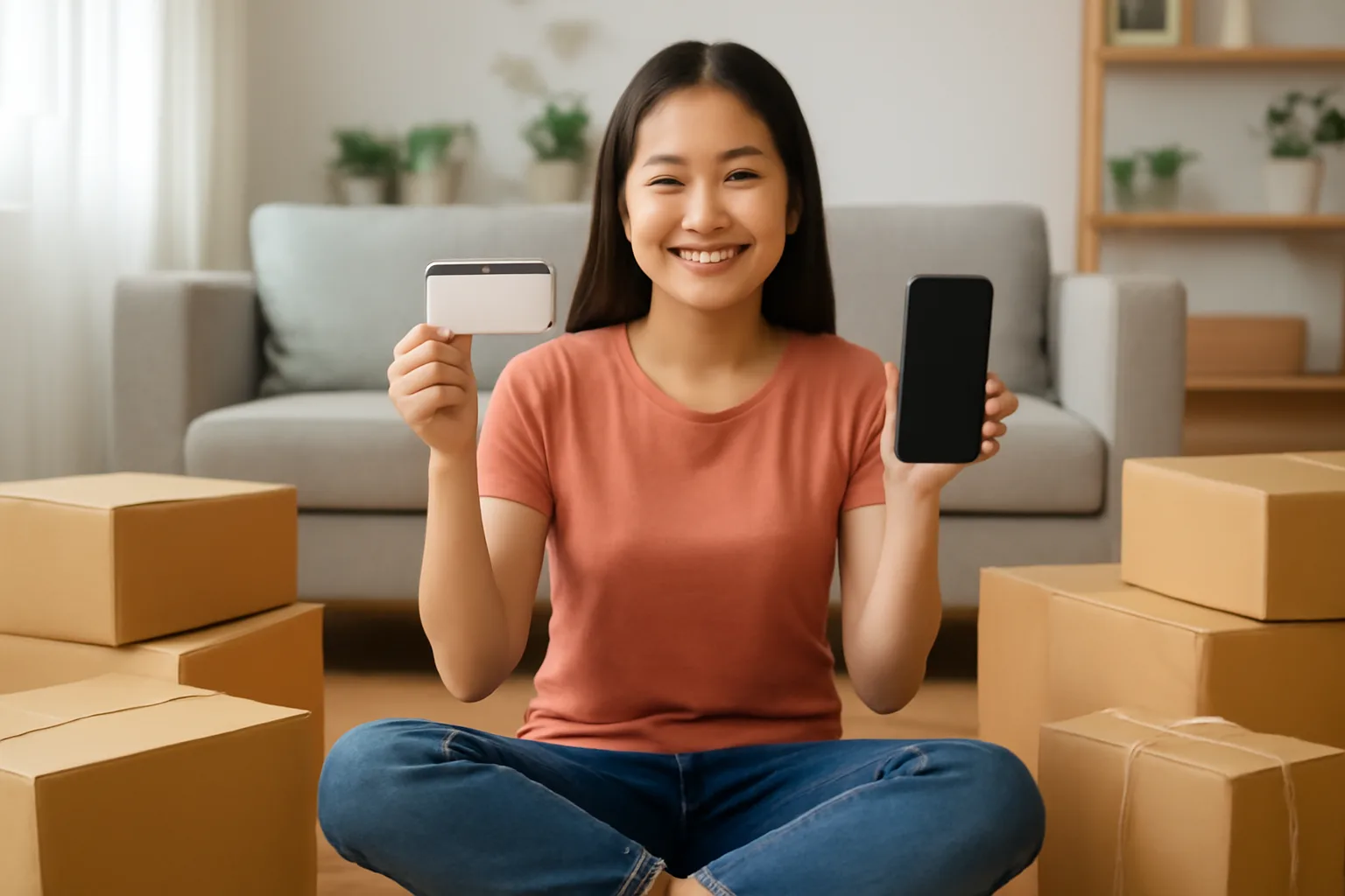 Người bán hàng online trẻ ngồi giữa các thùng hàng đóng gói, cầm căn cước và điện thoại