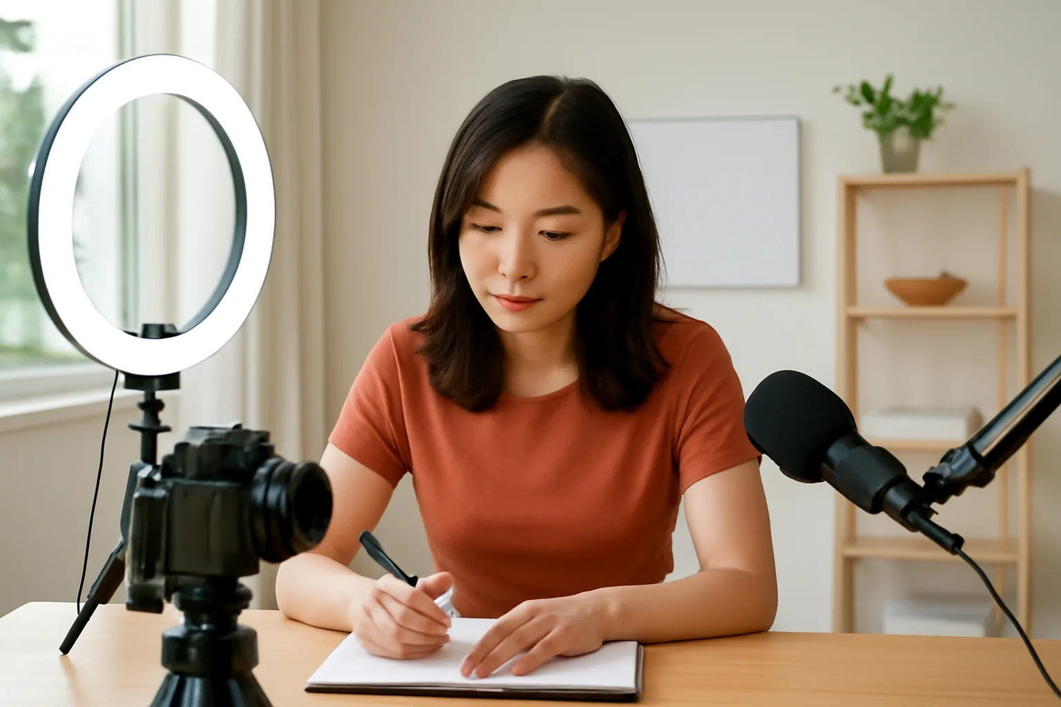Người sáng tạo nội dung ghi chép trong phòng quay nhỏ tại nhà có đèn tròn và máy quay trên chân