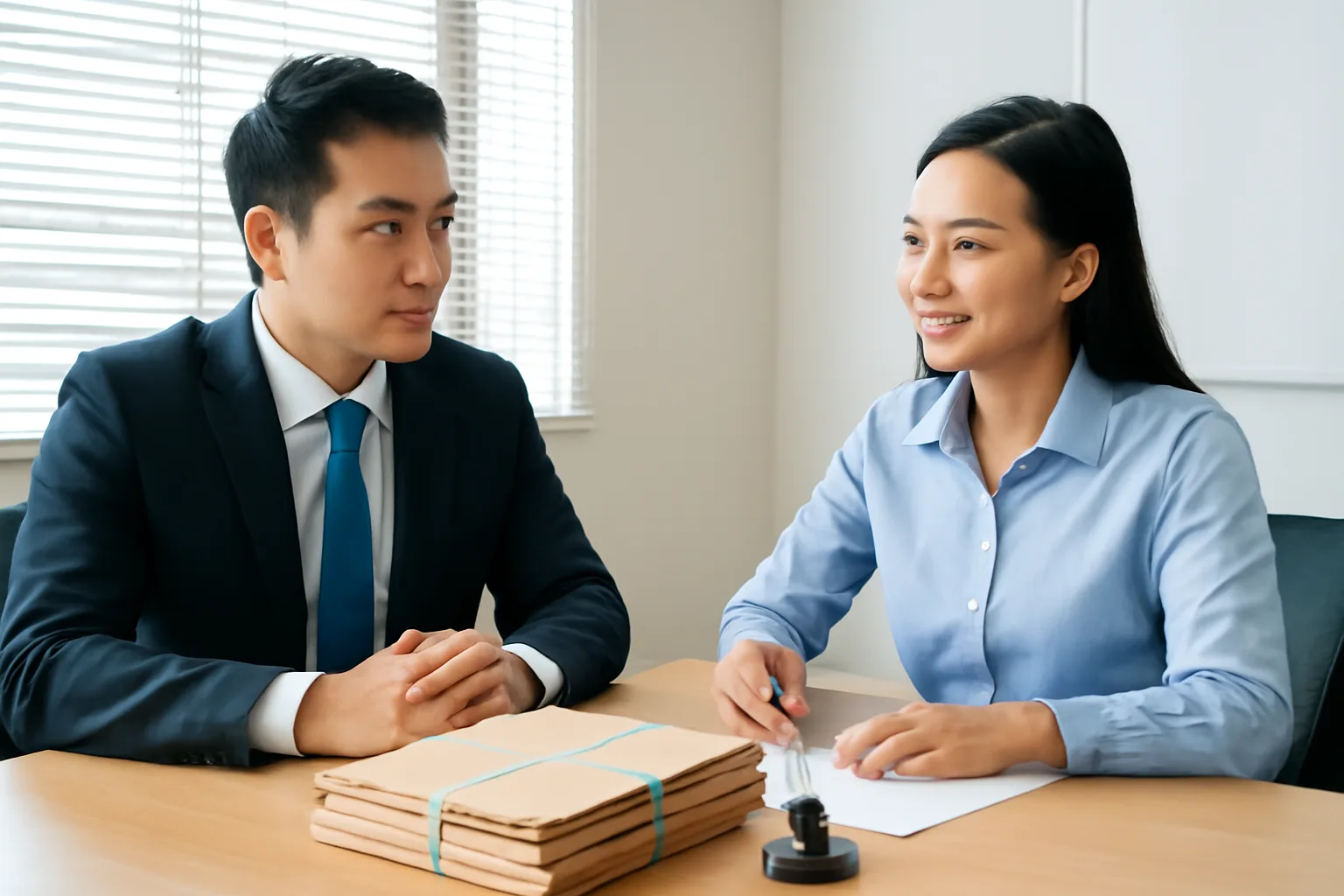 Hai chuyên viên ngồi đối diện ở bàn họp, giữa bàn là xấp hồ sơ buộc dây