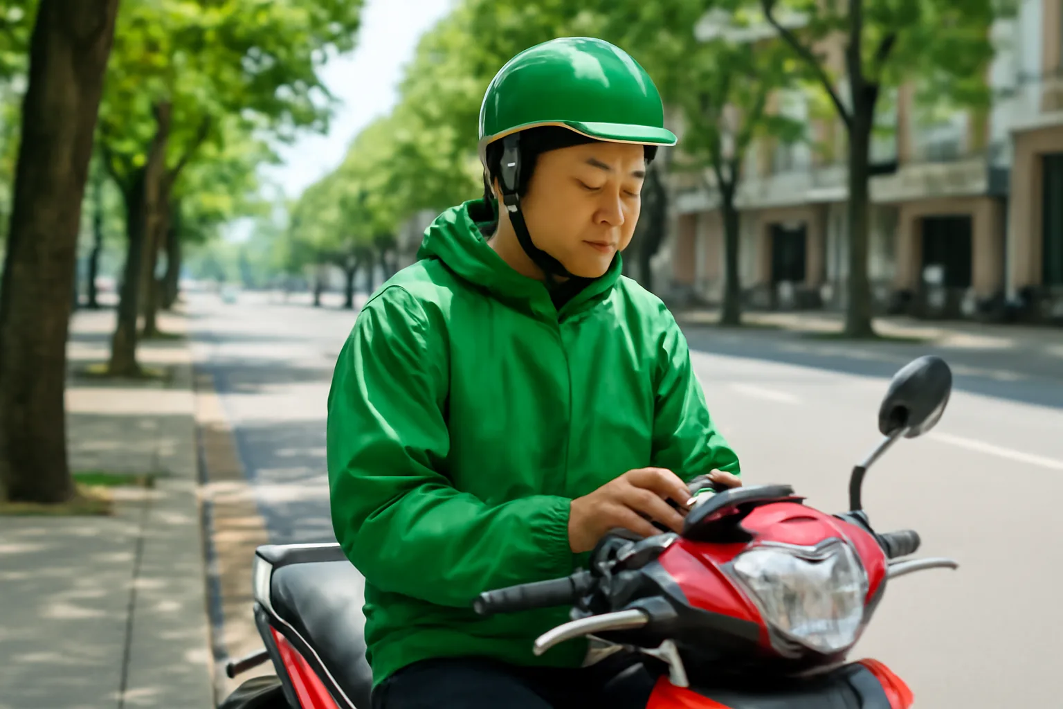 Tài xế xe máy công nghệ dừng bên lề đường xem điện thoại trước giờ nhận chuyến