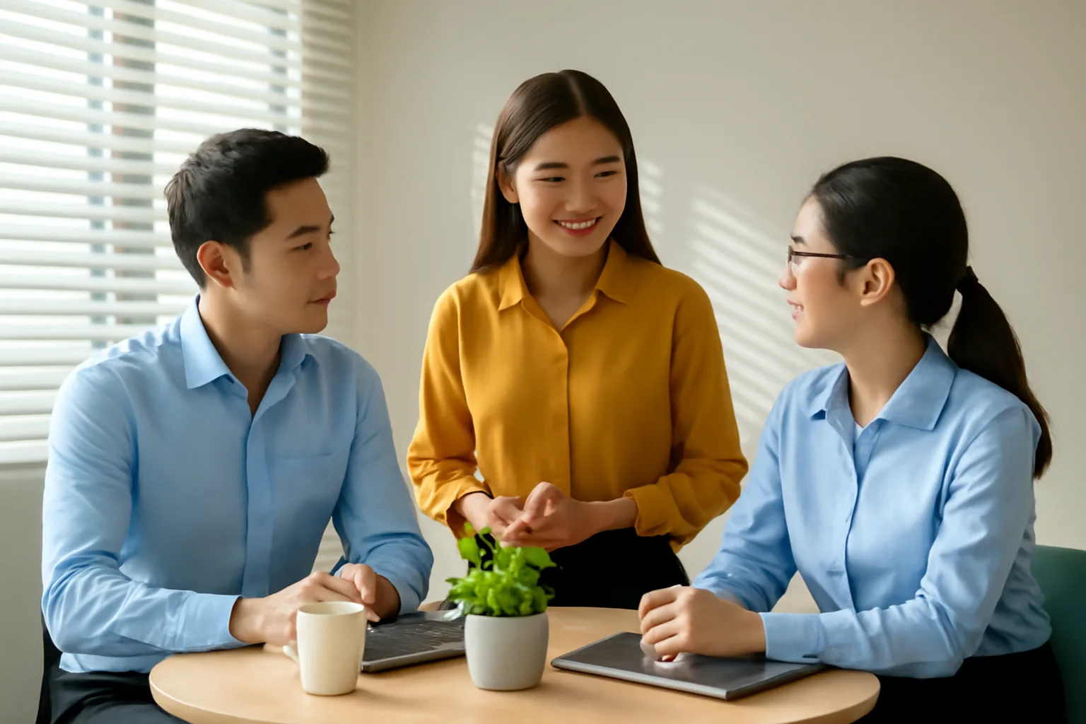 Nhóm kế toán ba người họp ngắn quanh bàn tròn trong phòng họp nhỏ, trên bàn là laptop đóng và cốc cà phê