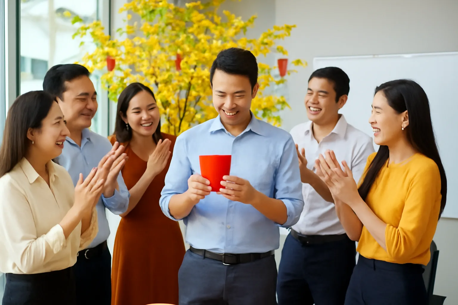 Nhân viên công ty mở phong bì thưởng cuối năm trong văn phòng trang trí hoa mai, đồng nghiệp vỗ tay