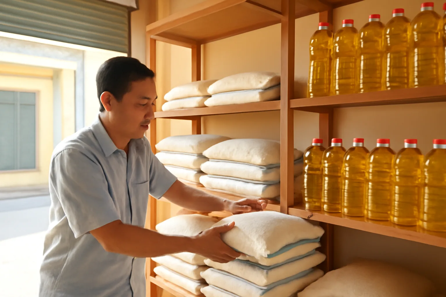 Chủ tiệm tạp hoá xếp hàng lên kệ gỗ trong cửa tiệm nhỏ buổi sáng