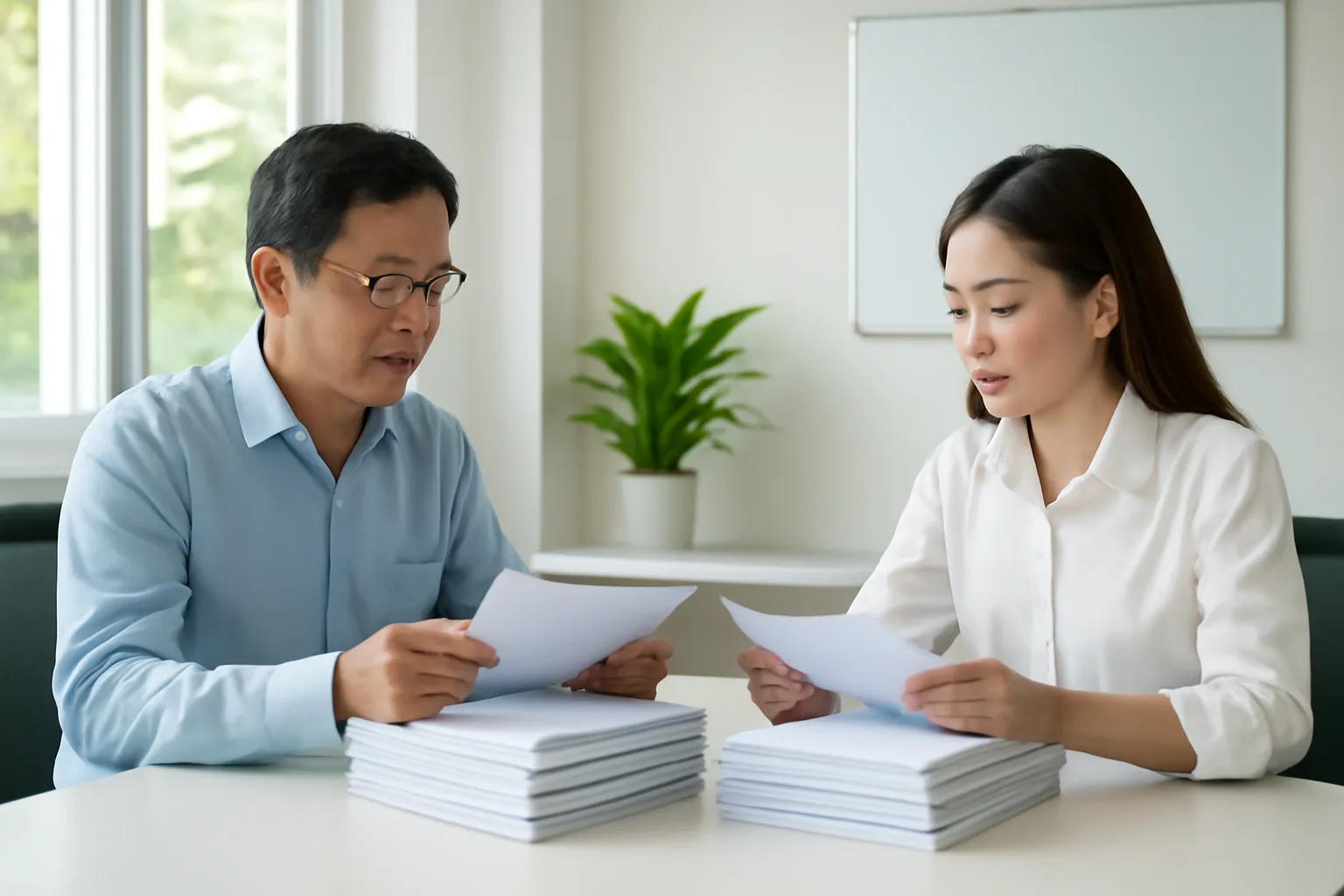Hai kế toán so từng xấp hoá đơn đầu vào với sổ theo dõi nhà cung cấp