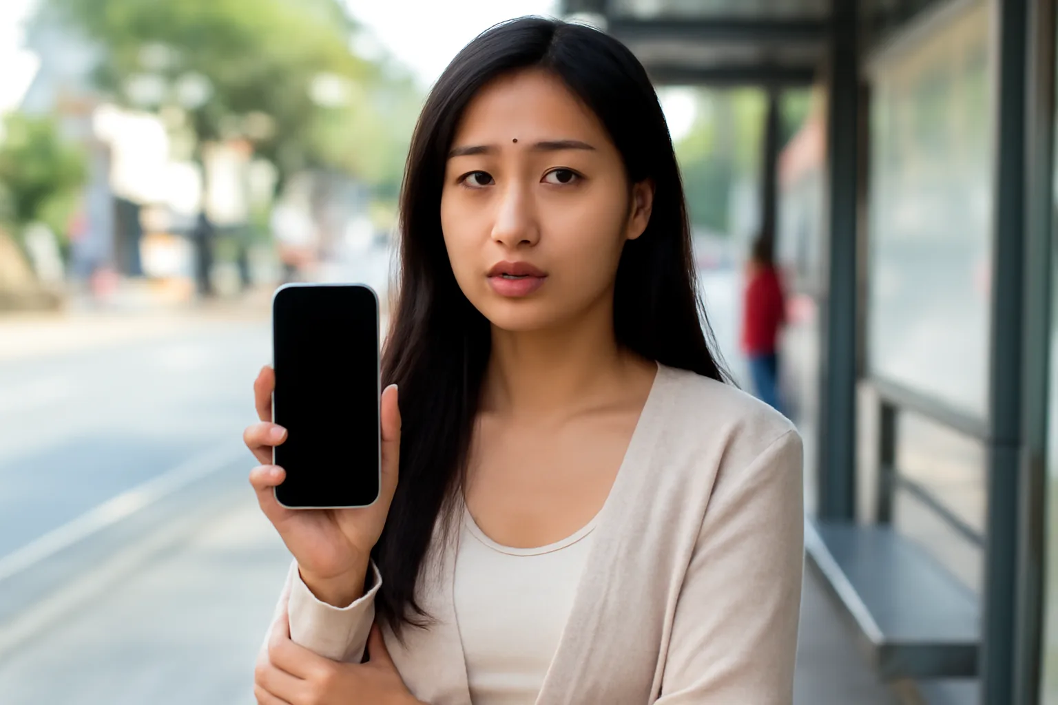 Bàn tay người phụ nữ cầm điện thoại màn hình tối, ngập ngừng ở trạm xe buýt buổi sáng