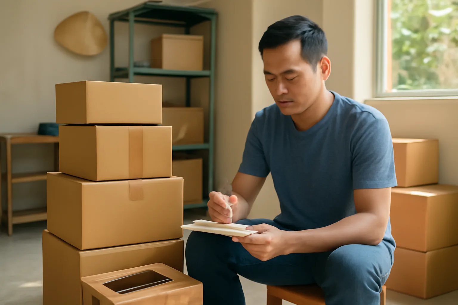 Người bán hàng nhỏ ngồi đối chiếu sổ tay với điện thoại bên chồng hàng đã đóng gói