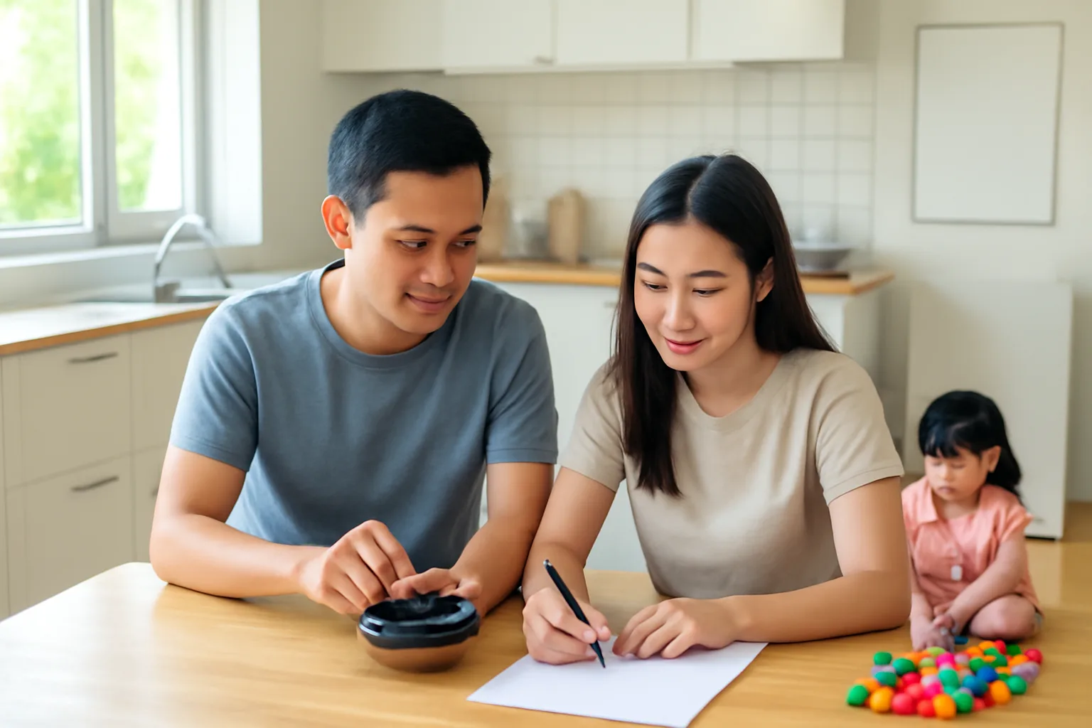 Hai vợ chồng trẻ ngồi bàn ăn tính toán bằng máy tính bỏ túi, hai con nhỏ chơi xếp hình bên cạnh